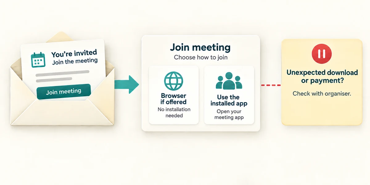 Choose an offered browser route or installed app; check unexpected download or payment demands with the organiser.