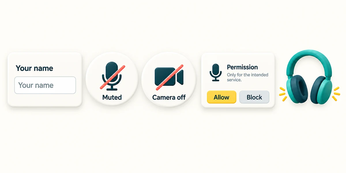 Check your displayed name, muted microphone, camera state, permission choice and listening device separately.