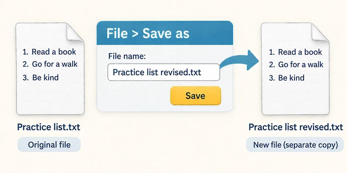 Save As creates a separately named file while the original remains available.