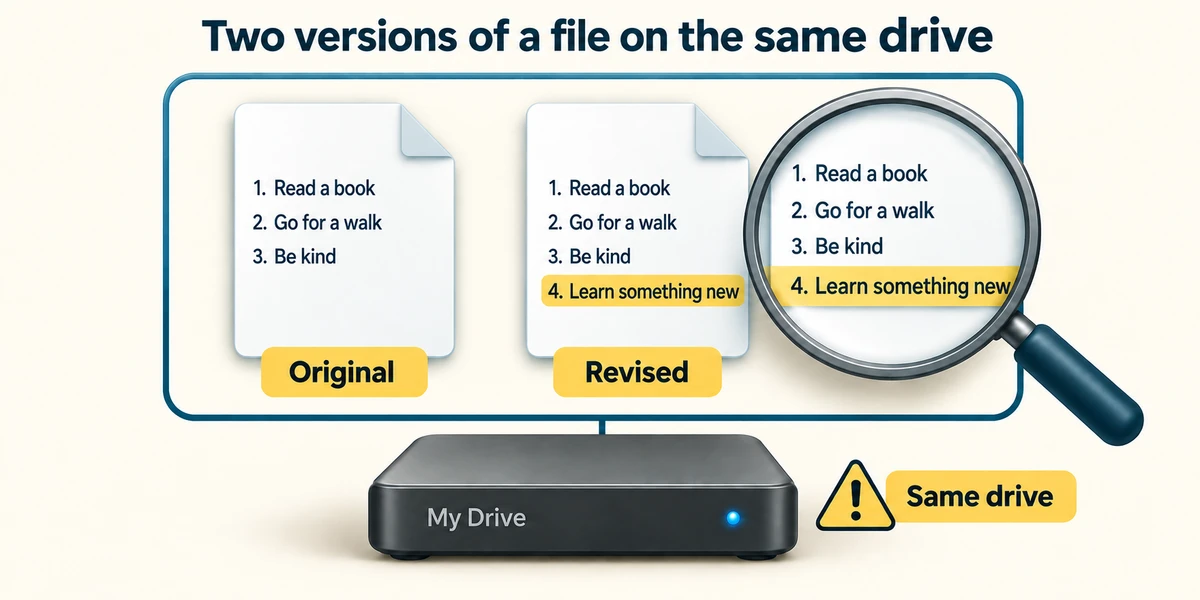 Original and revised files are compared on the same drive, which is not an independent backup.