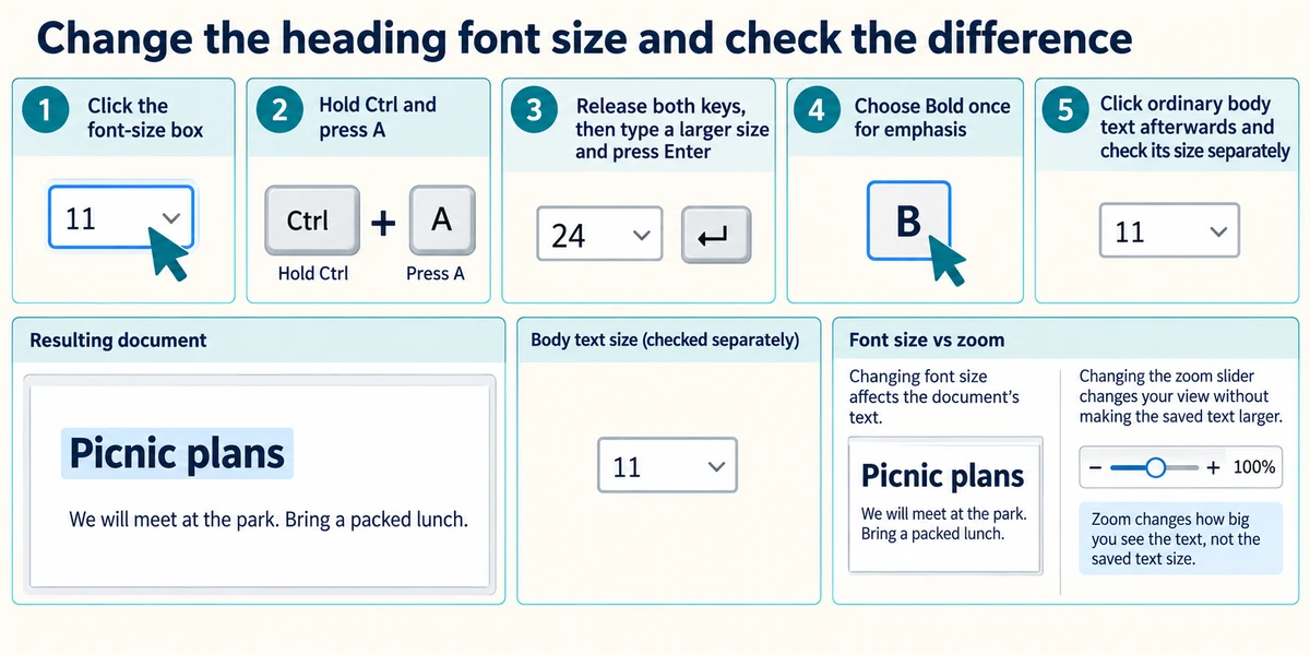 The selected heading changes from size 11 to 24 and becomes bold, while body text remains size 11; zoom is separate.