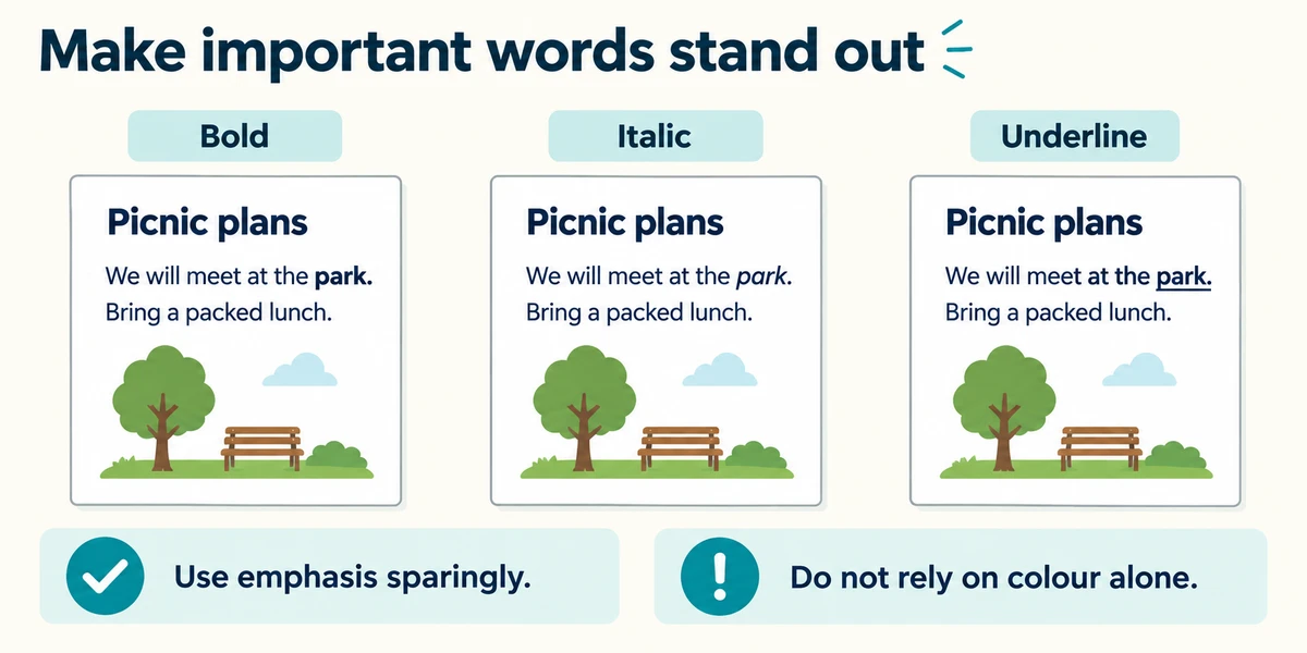 Bold, italic and underlined Picnic plans headings are compared, with reminders to use emphasis sparingly and not rely on colour alone.