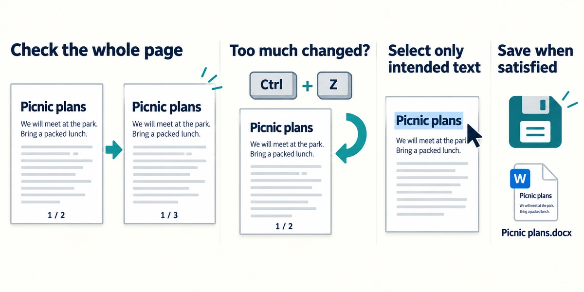 Larger heading text pushes content onto a second page; Ctrl+Z restores the earlier layout before a more selective change.