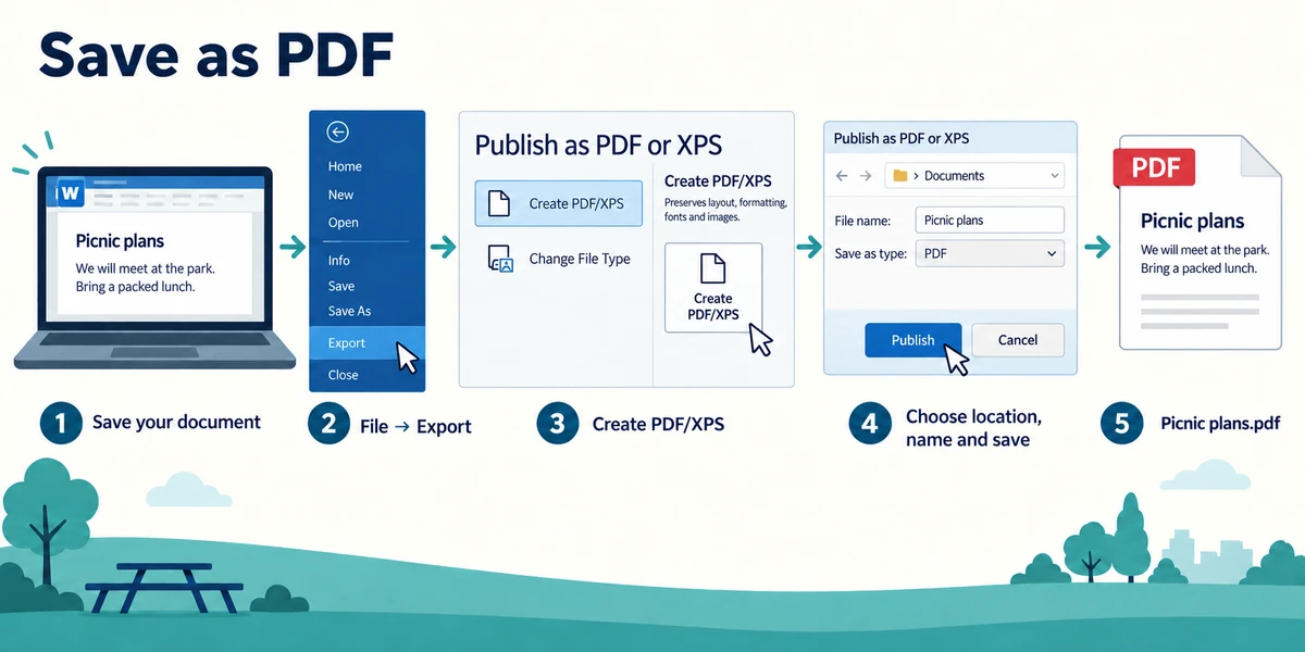 The saved Picnic plans source is exported through File and Export to a separately named PDF.