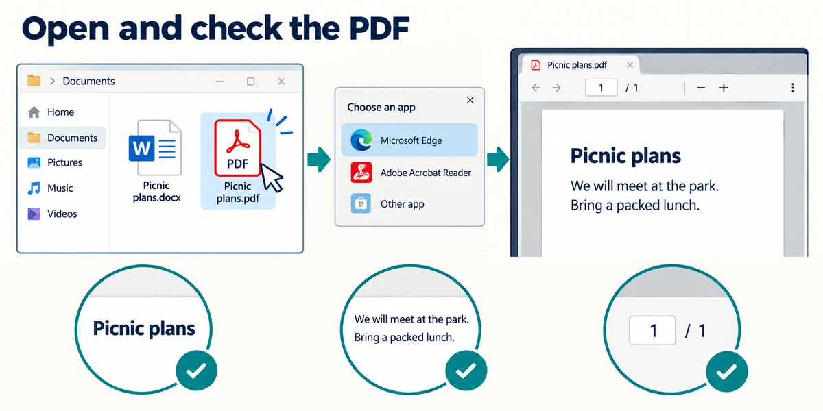 The saved Picnic plans PDF opens in a reader, where its title, paragraph and page count are checked.