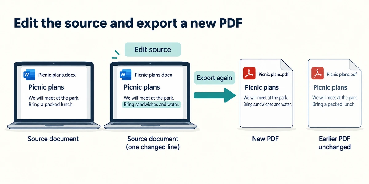 Editing Picnic plans.docx and exporting again creates a revised PDF; the earlier PDF remains unchanged.