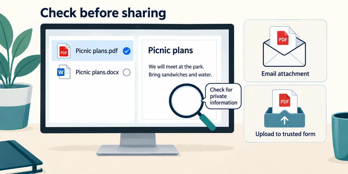 The file name and document contents are checked for private information before email attachment or upload.
