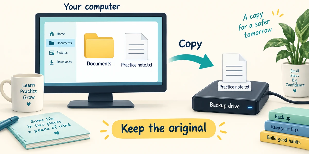 Practice note.txt remains in Documents while an identical backup copy is placed on an external drive.
