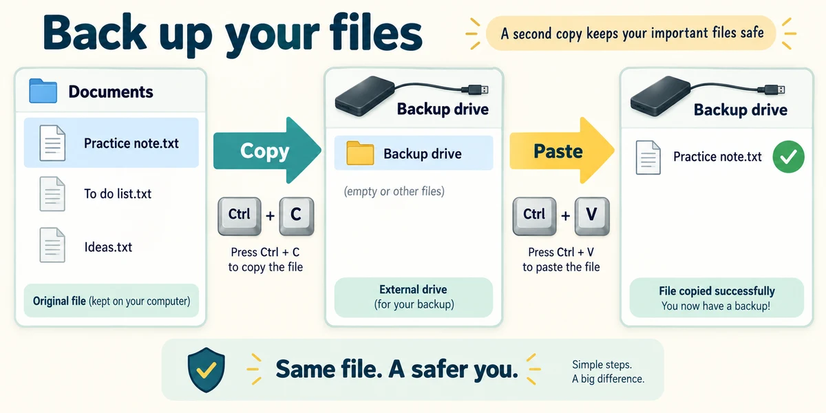 Copy and Paste key combinations create a second Practice note.txt on the backup drive.