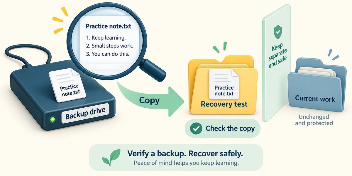 A backup copy is checked and copied into Recovery test while Current work remains untouched.