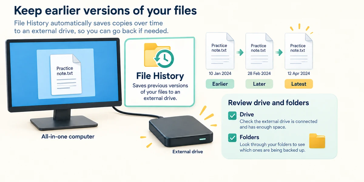 File History keeps earlier and later file versions, with a reminder to check the selected drive and folders.