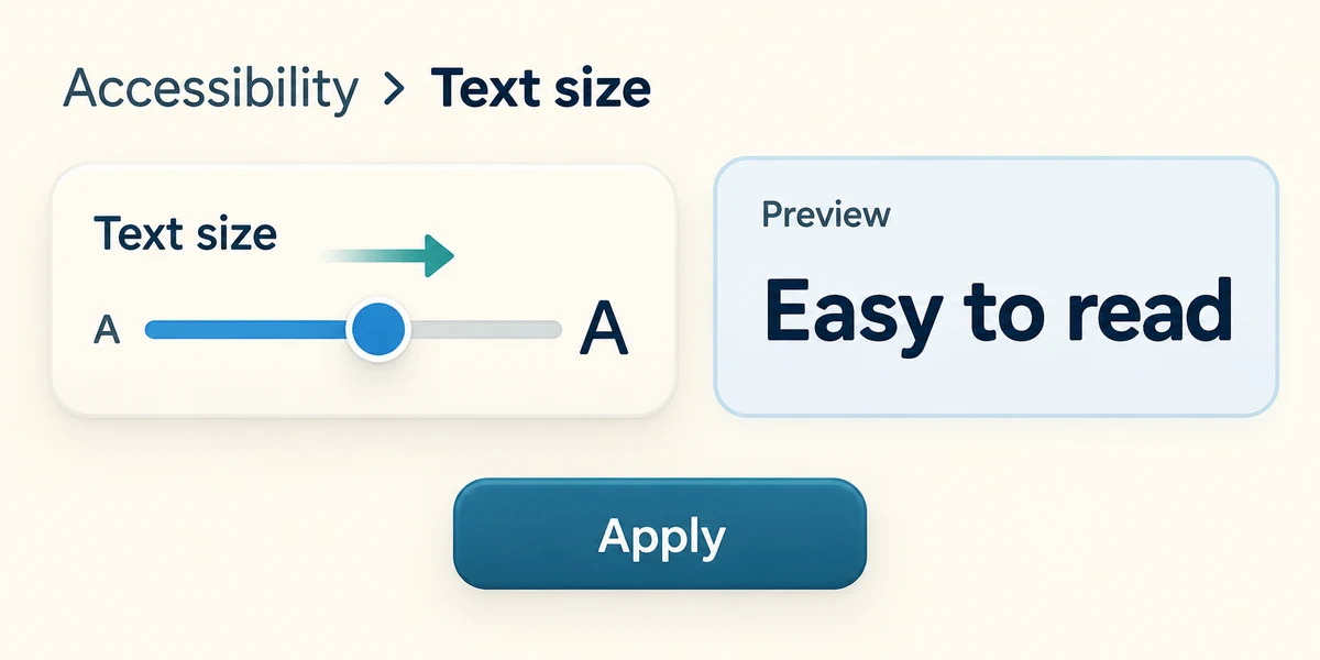 Accessibility Text size slider changes the preview; Apply saves the choice.