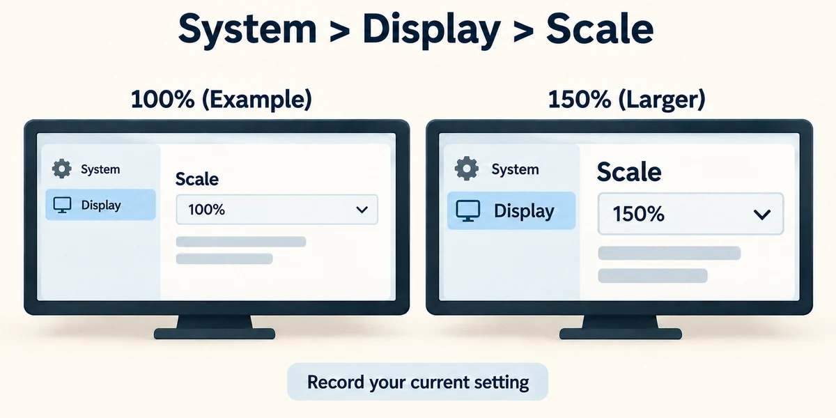 Equal-size displays show how changing scale from an example 100% to 150% enlarges content, not the physical screen.