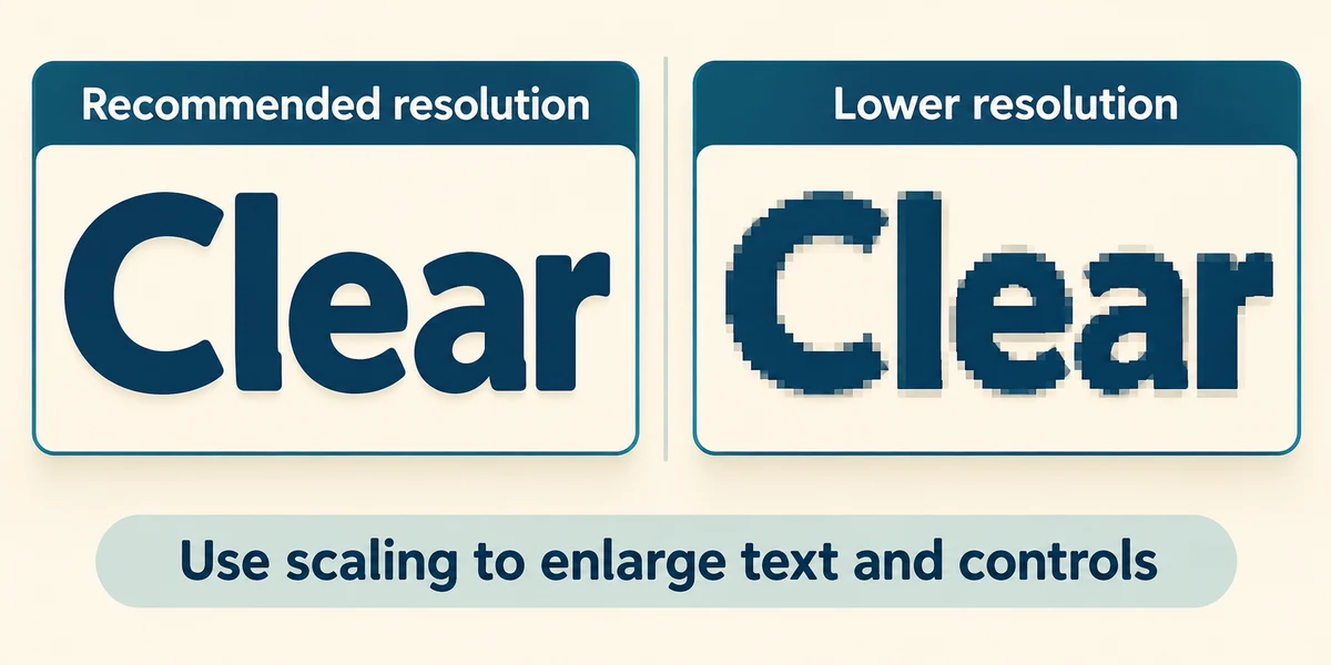 Recommended resolution keeps text clearer; scaling changes the size of text and controls.
