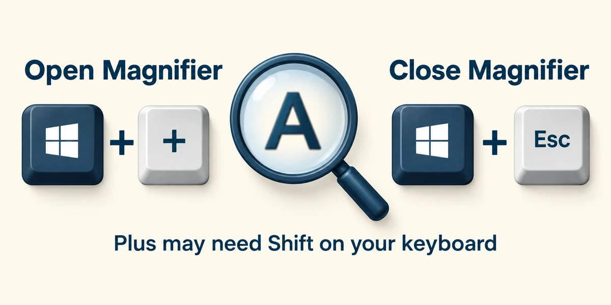 Windows plus Plus opens Magnifier; Windows plus Escape closes it.