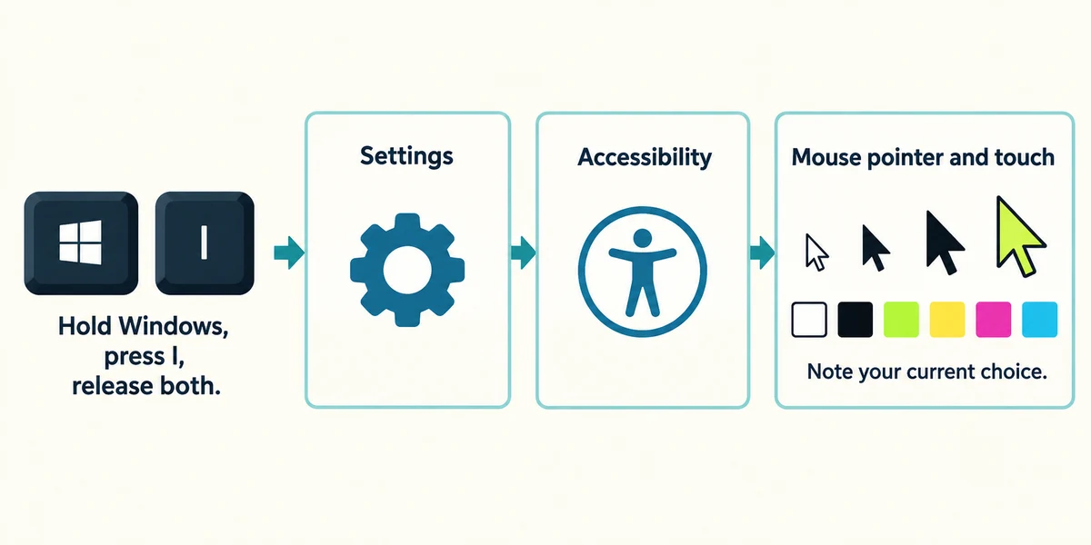Windows and I open Settings; follow Accessibility to Mouse pointer and touch.