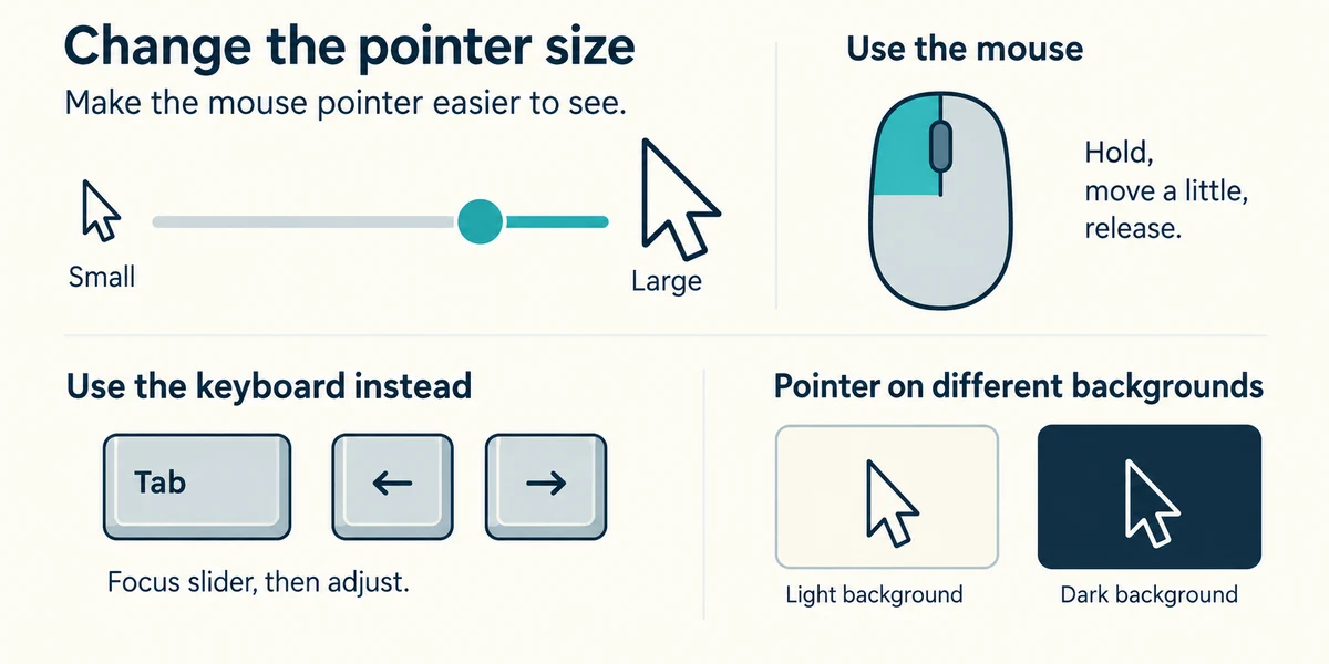 Adjust the pointer-size slider with the mouse or keyboard, then compare it on light and dark backgrounds.