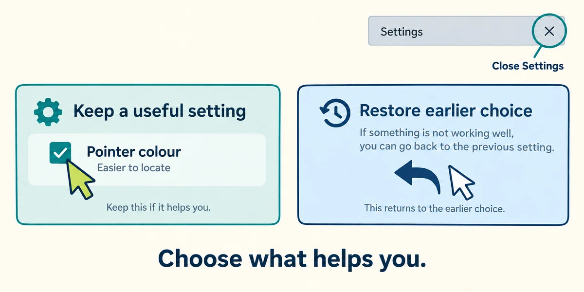 Keep a helpful pointer setting or restore the earlier choice, then close Settings.