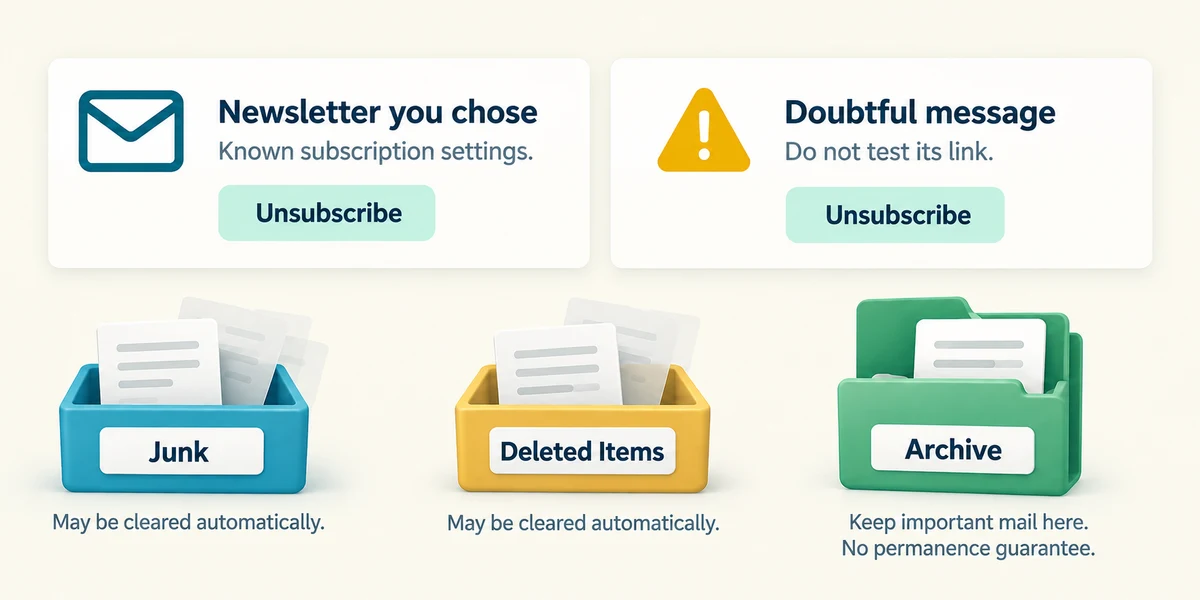 Use known subscription settings for chosen newsletters; avoid testing doubtful links and keep important mail outside temporary folders.