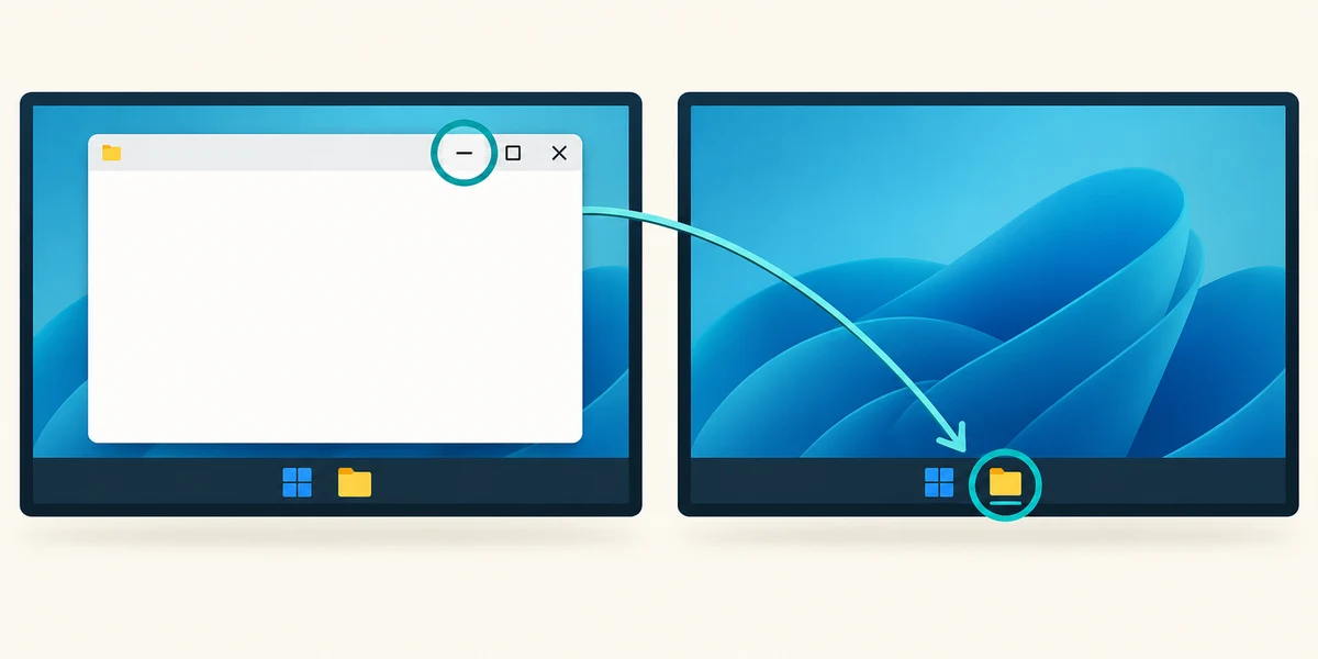 The Minimise line hides an open window while its app remains available on the taskbar.