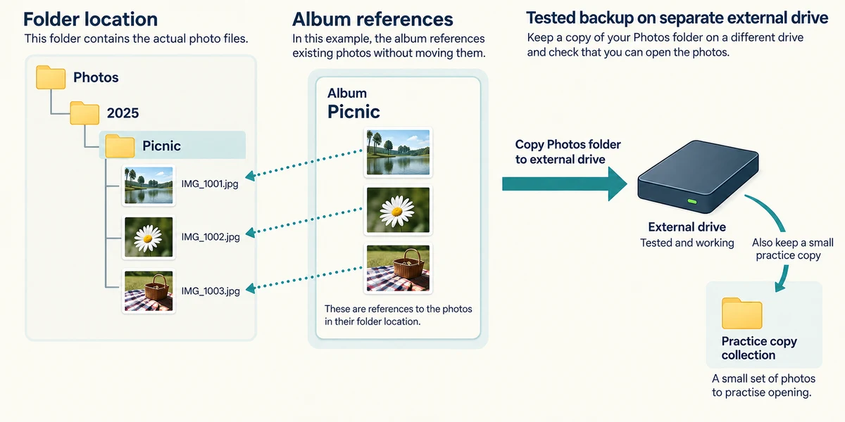 An album references existing photos; keep a separate tested backup.