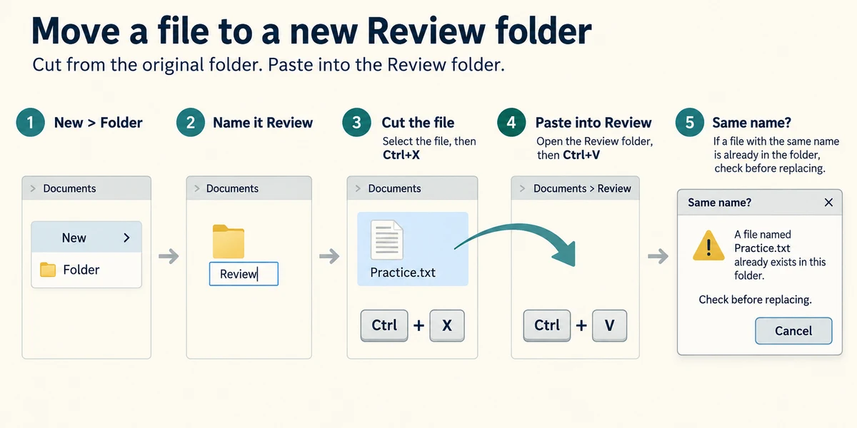 Move a practice file into Review and cancel an uncertain name conflict.