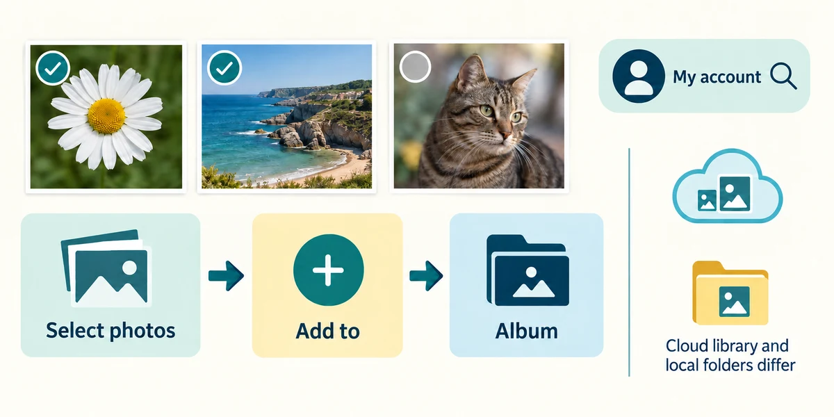 Select photos, choose Add to and Album, and check the account library.