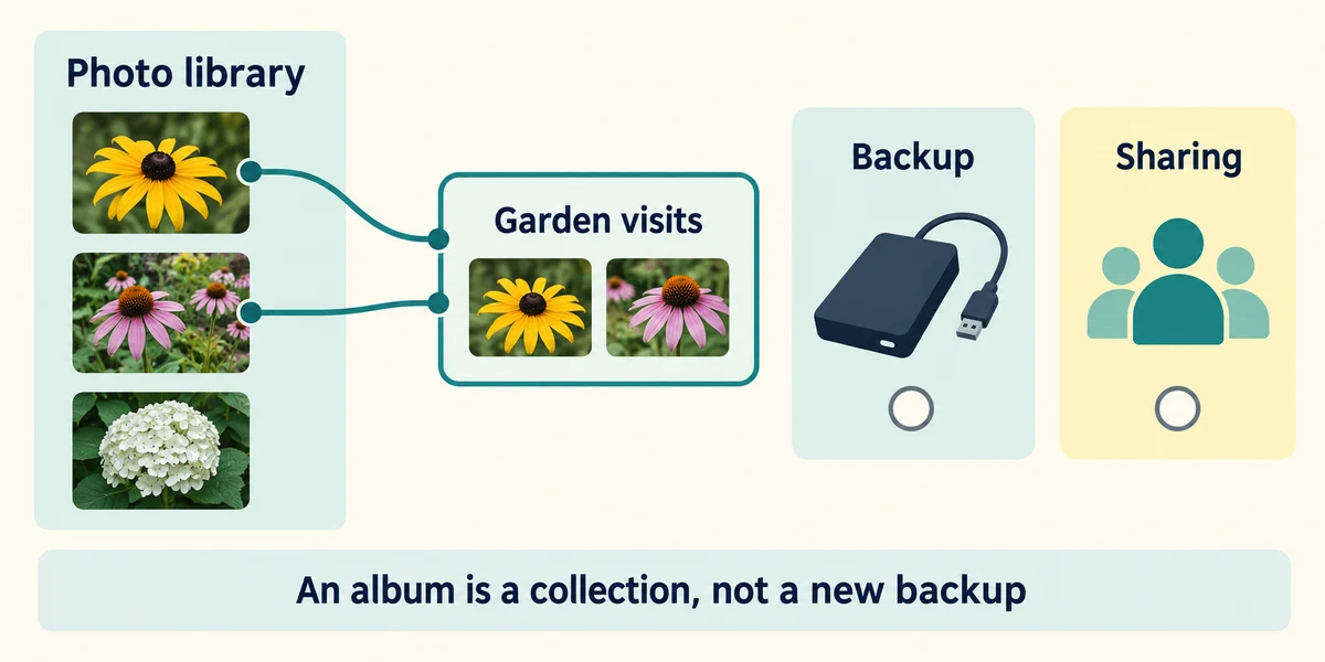 A named album groups photos while backup and sharing remain separate decisions.