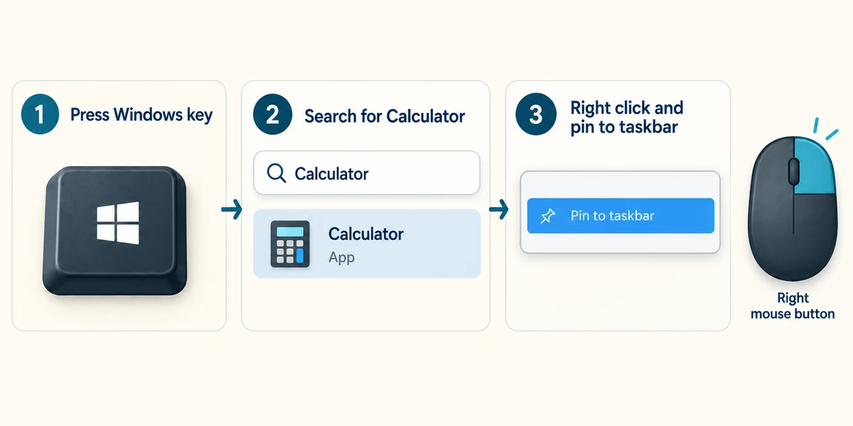 Find Calculator and choose Pin to taskbar.
