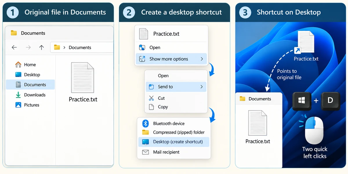 Create a desktop shortcut through the separate Send to menu route.