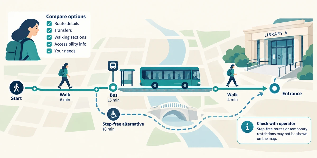 Compare walking, bus and step-free route details.