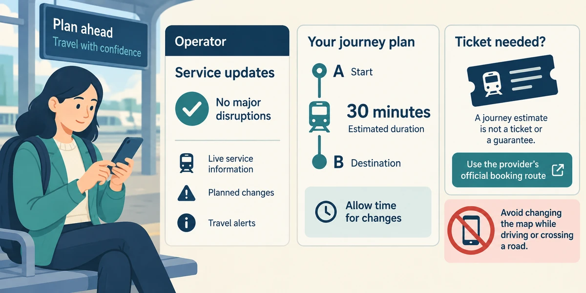 Check operator updates and treat journey times as estimates.