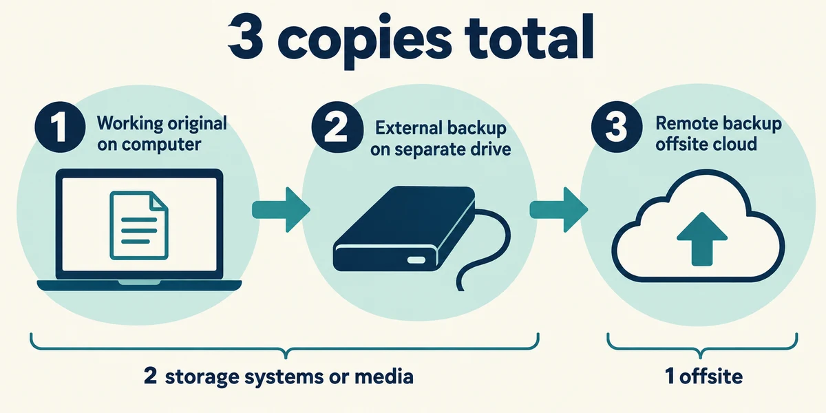 Three copies total across separate storage systems with one offsite.