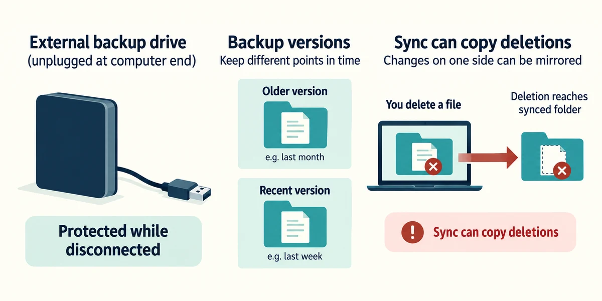 Disconnected backups and retained versions differ from ordinary sync.