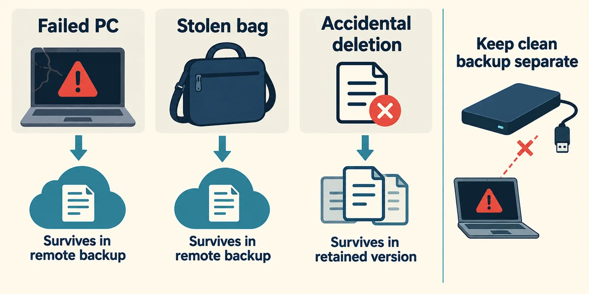 Different failures need surviving recovery copies; keep clean backups away from compromised computers.