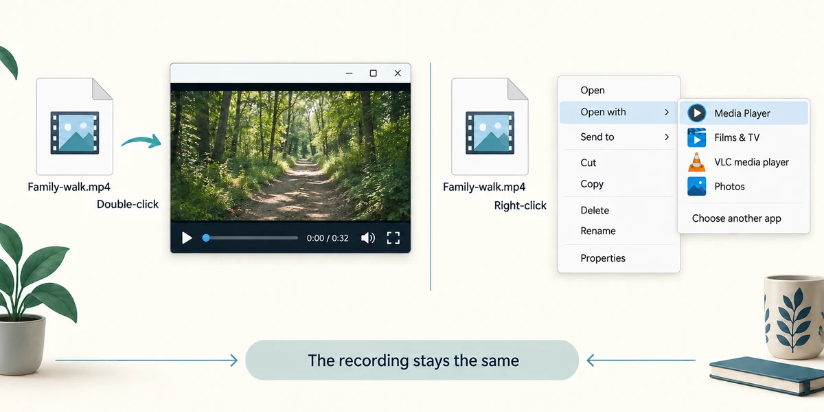Open a trusted recording with its assigned or another installed player.