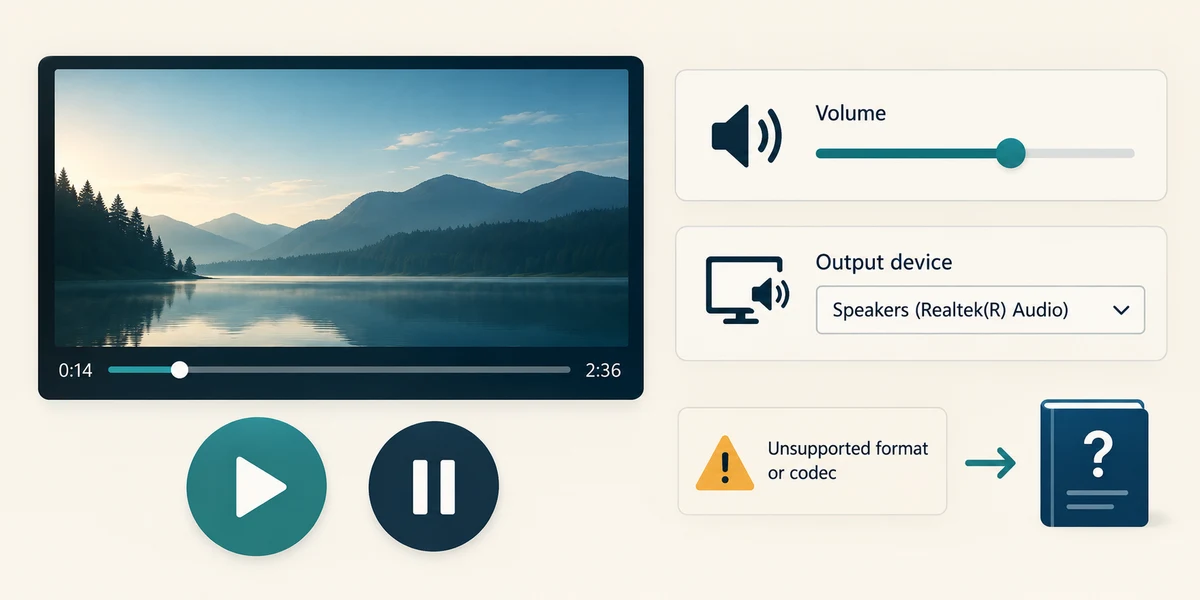 Check playback controls and sound output, and read an unsupported-format message carefully.