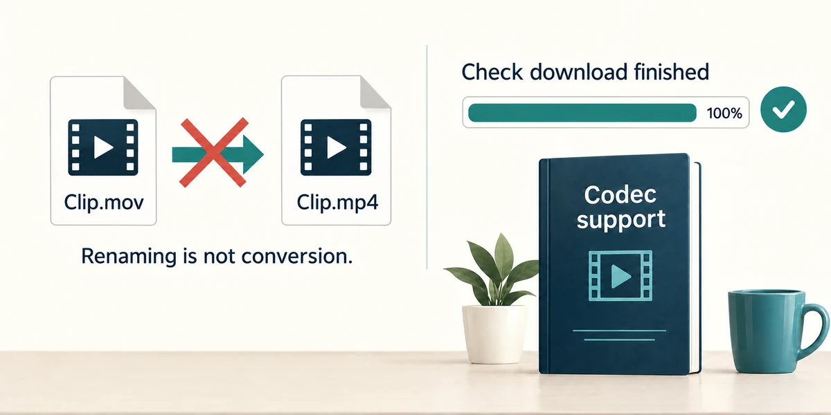 Renaming an extension does not convert video; check complete downloads and official codec guidance.