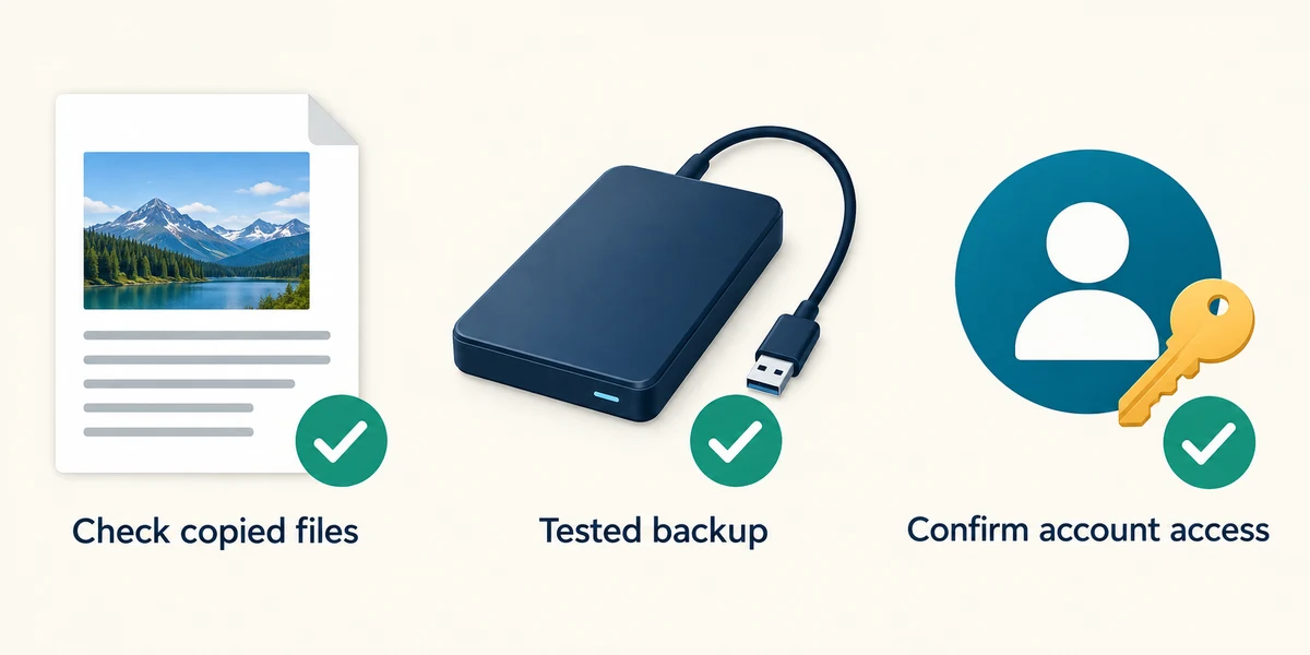 Check copied files, a separate backup and account access before changing the old device.