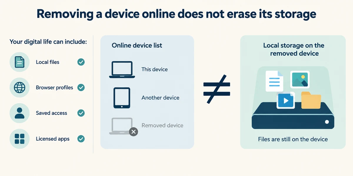 Removing a device from an online account does not erase its local files.