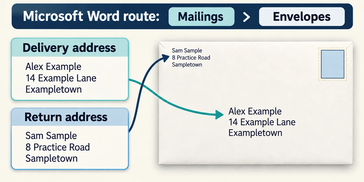 Keep fictional delivery and return addresses in their correct envelope fields.