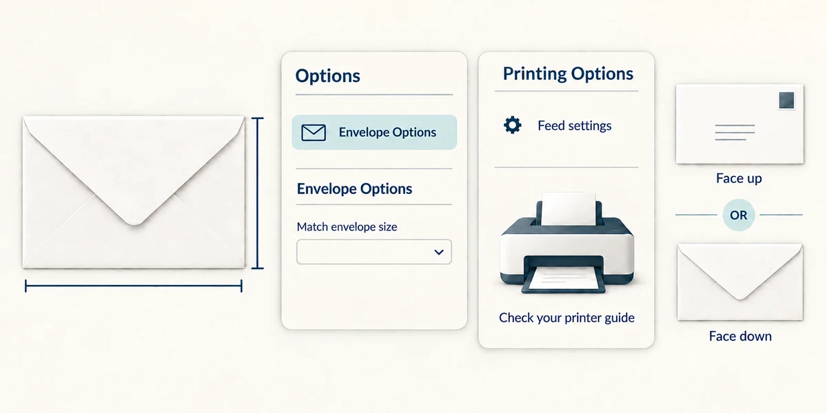 Match envelope size and consult the printer's instructions for its supported feed direction.