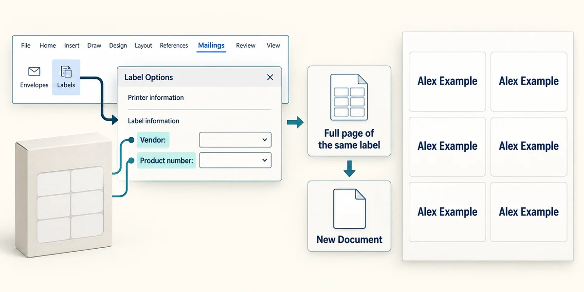 Match label vendor and product number, then create a document containing a full page of the same label.