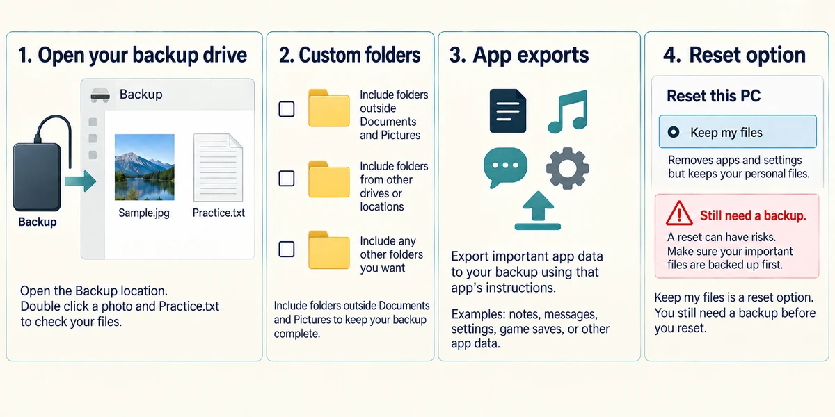 Open backup files and include custom folders and app exports before resetting a PC.