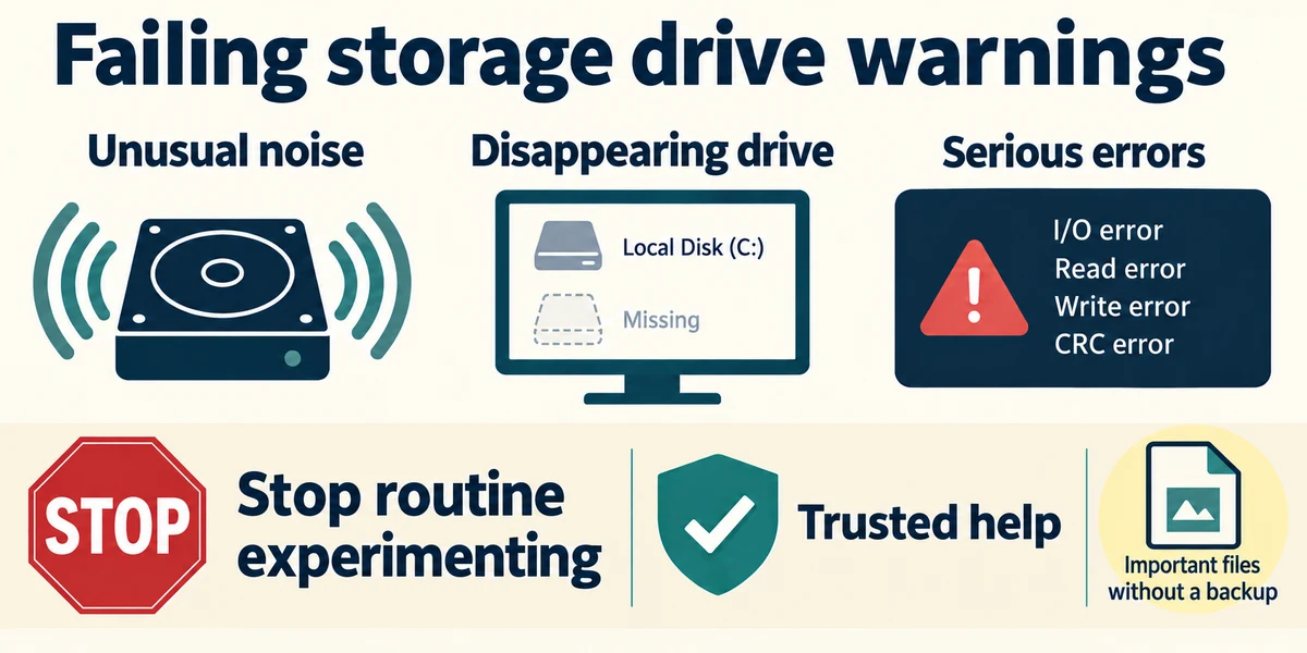 Unusual drive noise, disappearing storage and serious errors call for trusted help when files lack a backup.