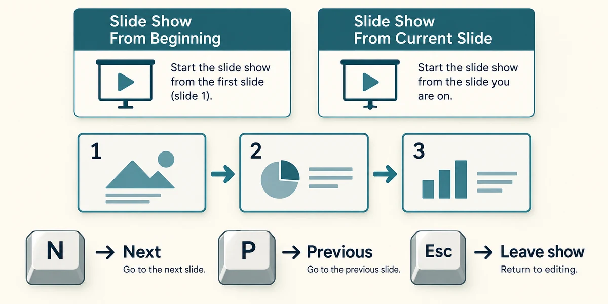 Start a slide show from the beginning or current slide; use N, P and Esc.