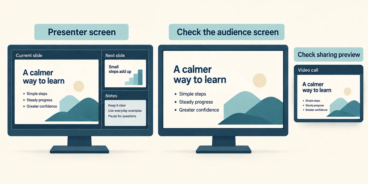 Check the audience screen and sharing preview to see which slide is visible.