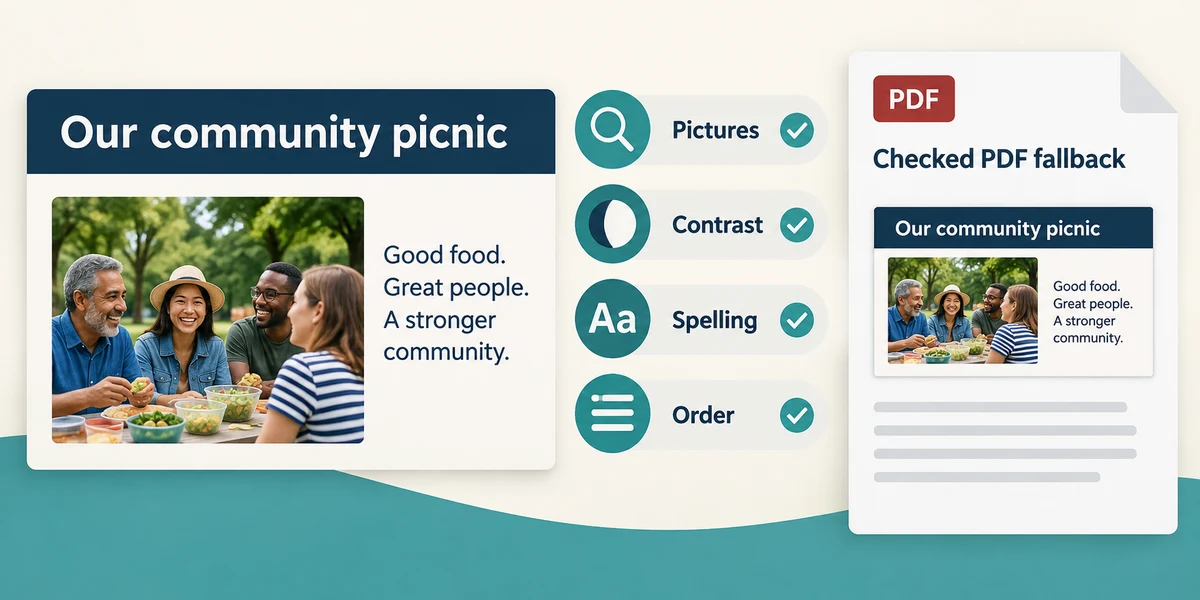 Check pictures, contrast, spelling and order, with a checked PDF fallback.
