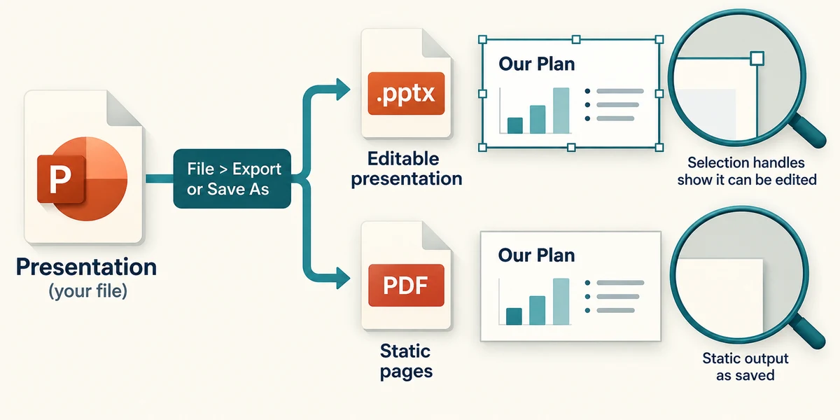 Choose editable PPTX or static PDF output and inspect the resulting file.