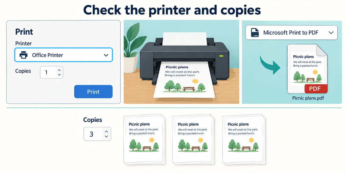 Office printer produces paper while Microsoft Print to PDF produces a file; three copies repeat the chosen page three times.